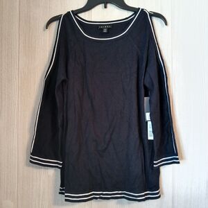 Tribal Zest Women's Size M Ink Black White Striped Cold Shoulder Sweater Top
